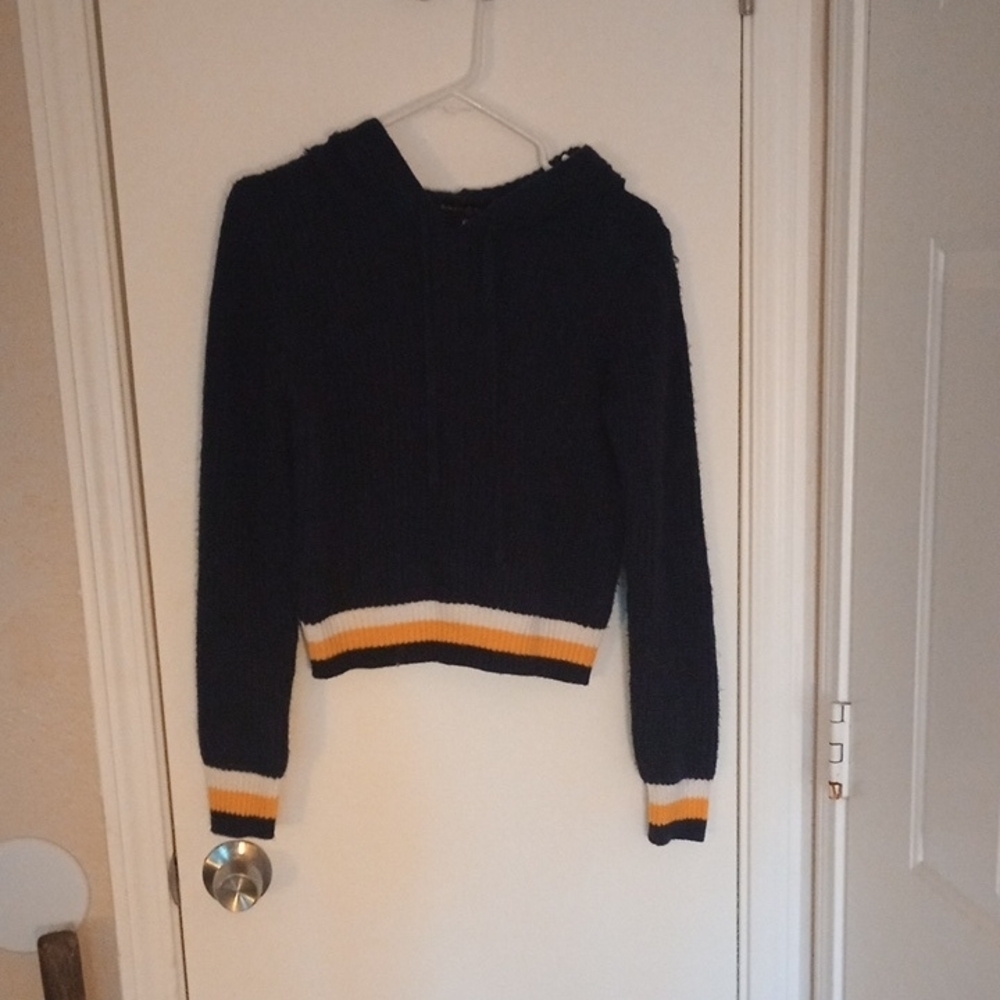 Navy Blue Hoodie with Striped Hem